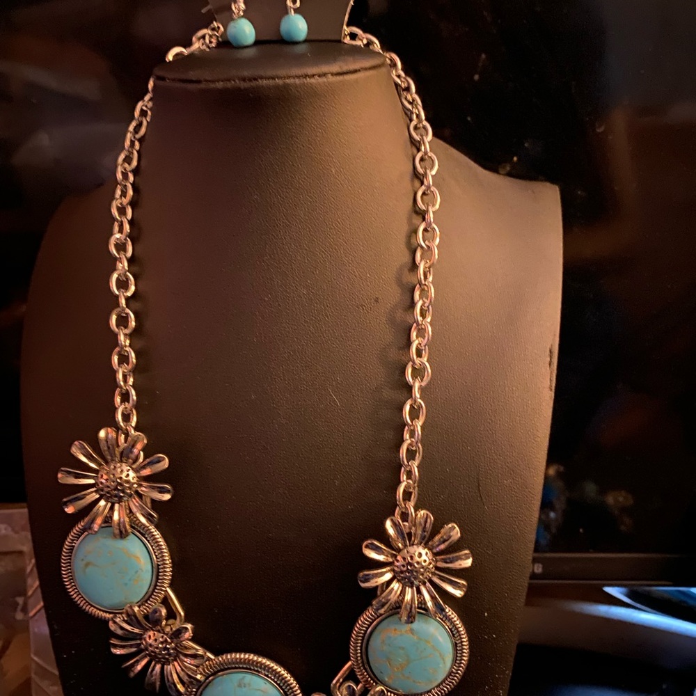 Silver and Turquoise Floral Necklace and Earring Set